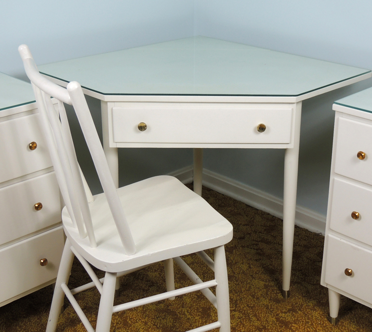 Mid Century White Corner Desk and Chair