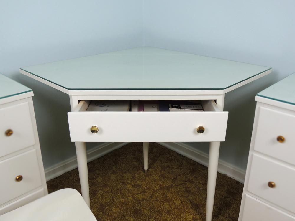 Mid Century White Corner Desk and Chair