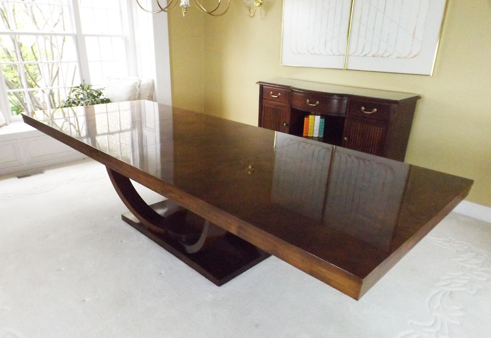 Modern 78" Wide Burl Walnut Top Dining Table with Art Deco Lines