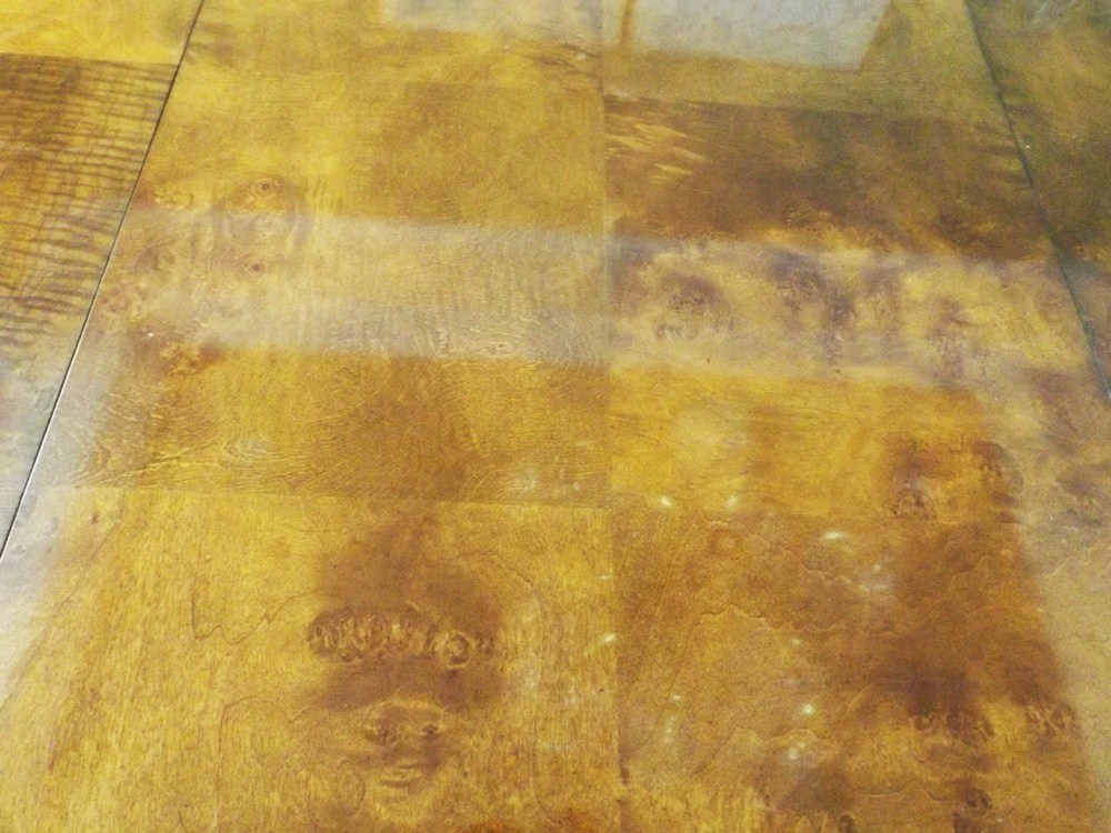 Modern 78" Wide Burl Walnut Top Dining Table with Art Deco Lines