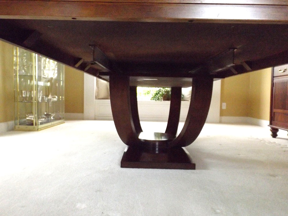 Modern 78" Wide Burl Walnut Top Dining Table with Art Deco Lines