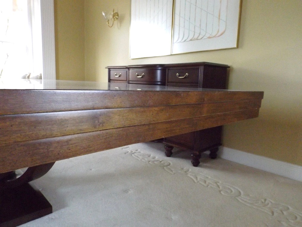 Modern 78" Wide Burl Walnut Top Dining Table with Art Deco Lines
