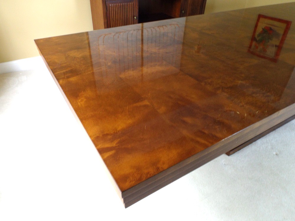 Modern 78" Wide Burl Walnut Top Dining Table with Art Deco Lines