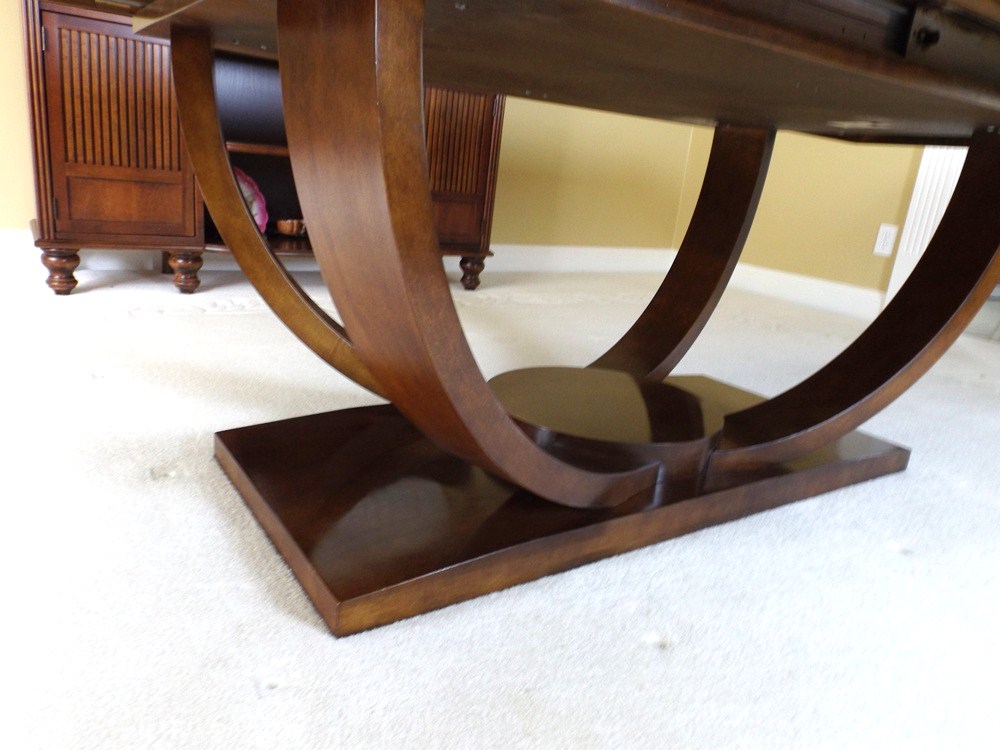 Modern 78" Wide Burl Walnut Top Dining Table with Art Deco Lines