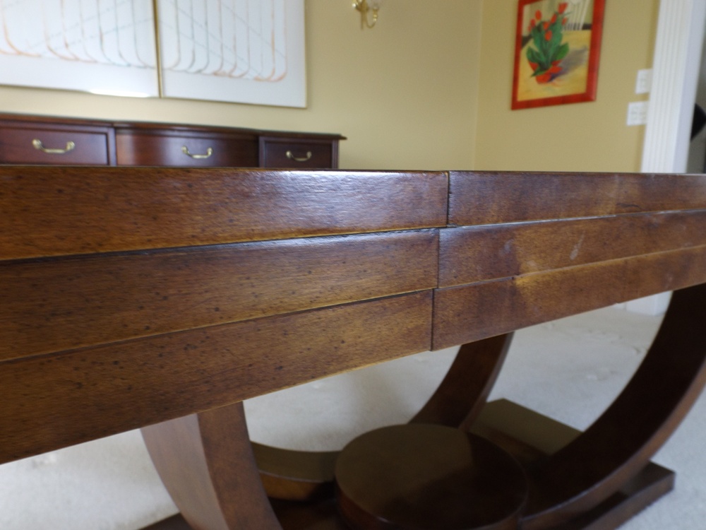 Modern 78" Wide Burl Walnut Top Dining Table with Art Deco Lines
