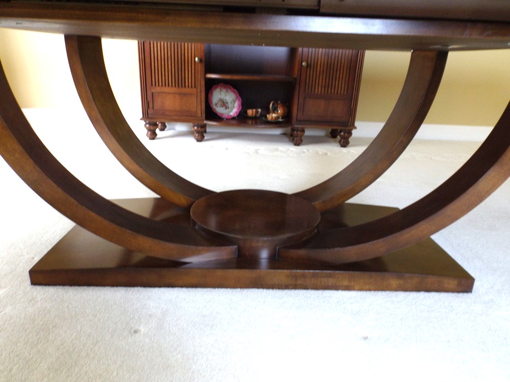 Modern 78" Wide Burl Walnut Top Dining Table with Art Deco Lines