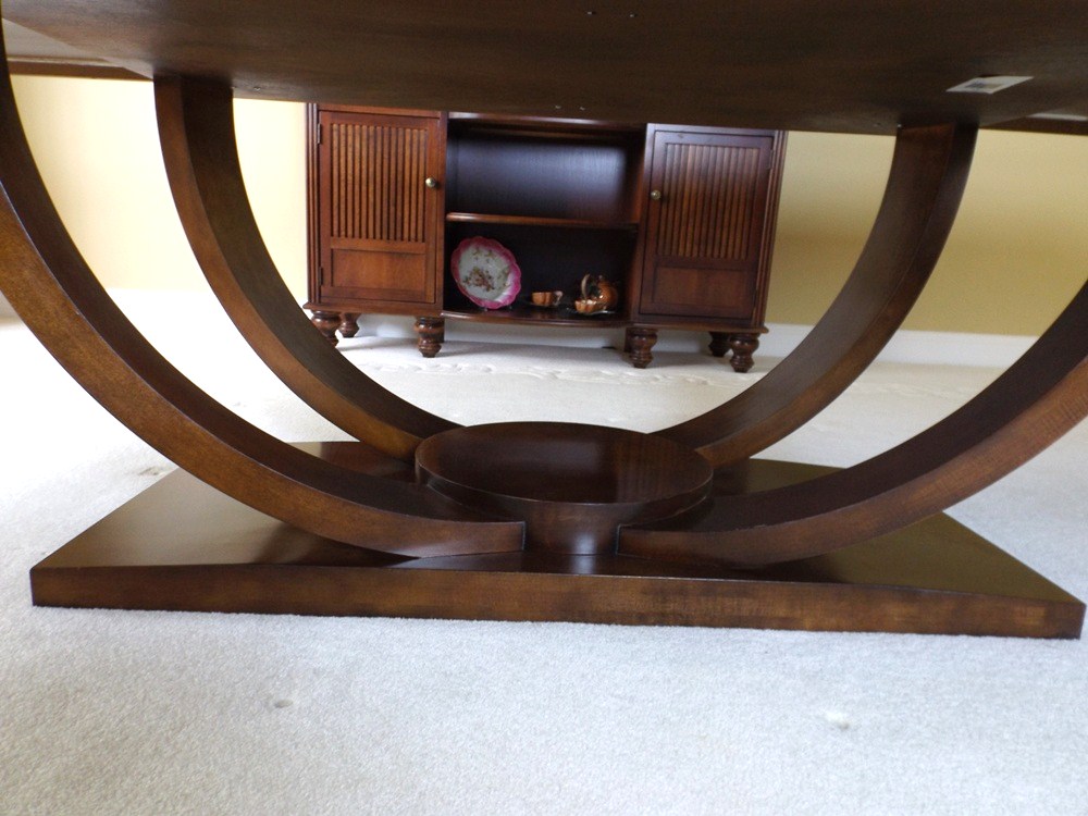 Modern 78" Wide Burl Walnut Top Dining Table with Art Deco Lines