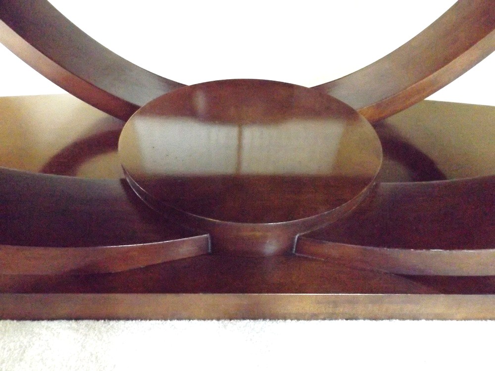 Modern 78" Wide Burl Walnut Top Dining Table with Art Deco Lines