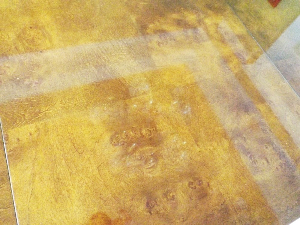 Modern 78" Wide Burl Walnut Top Dining Table with Art Deco Lines