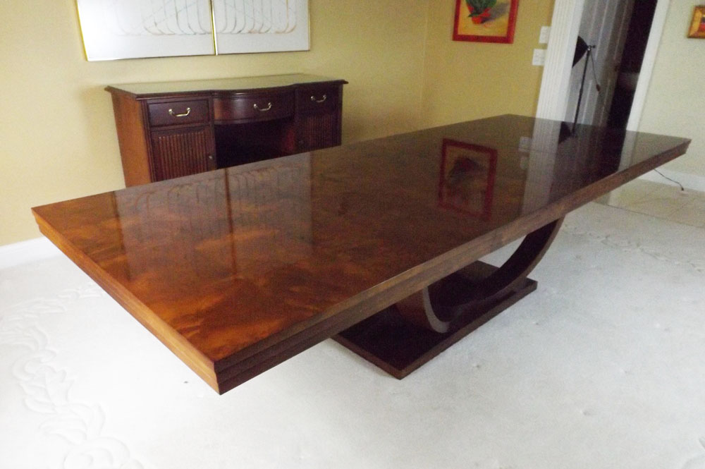 Modern 78" Wide Burl Walnut Top Dining Table with Art Deco Lines