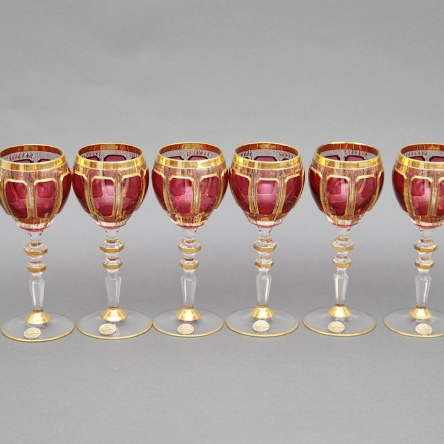 Six Bleikristall Cranberry and Gold Crystal Wine Goblets