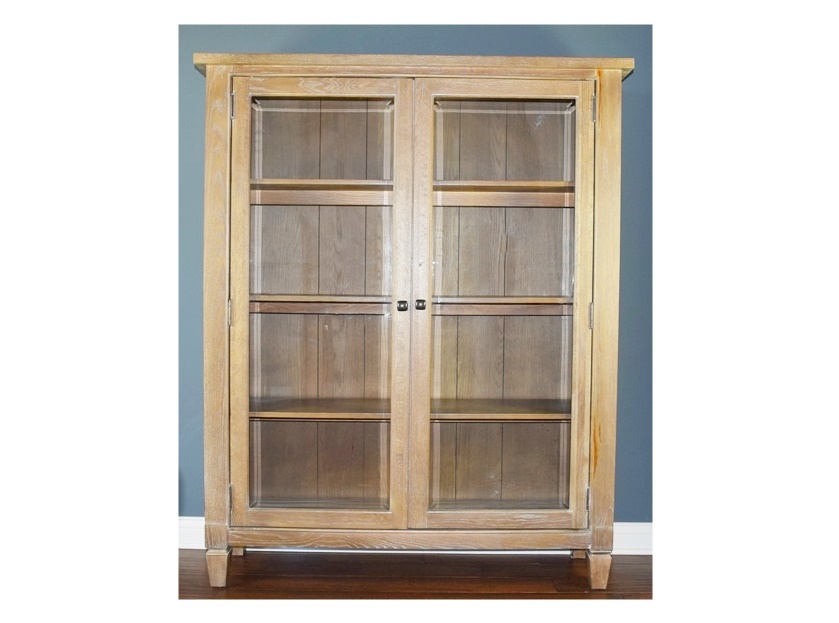 Wood Cabinet in Pickled Finish with Beveled Glass Doors