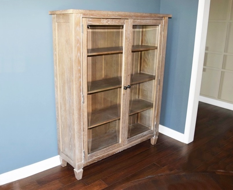 Wood Cabinet in Pickled Finish with Beveled Glass Doors
