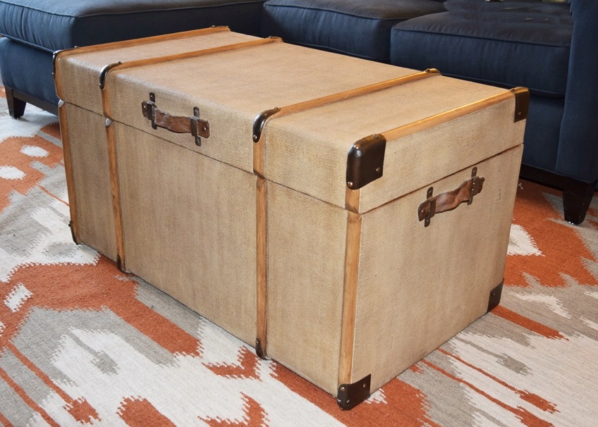 Burlap Covered Trunk with Wood Ribs and Hinged Lid