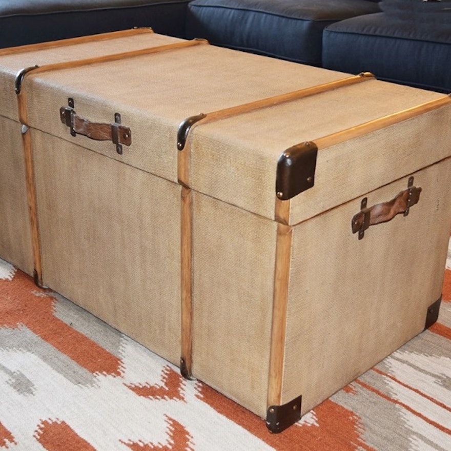 Burlap Covered Trunk with Wood Ribs and Hinged Lid