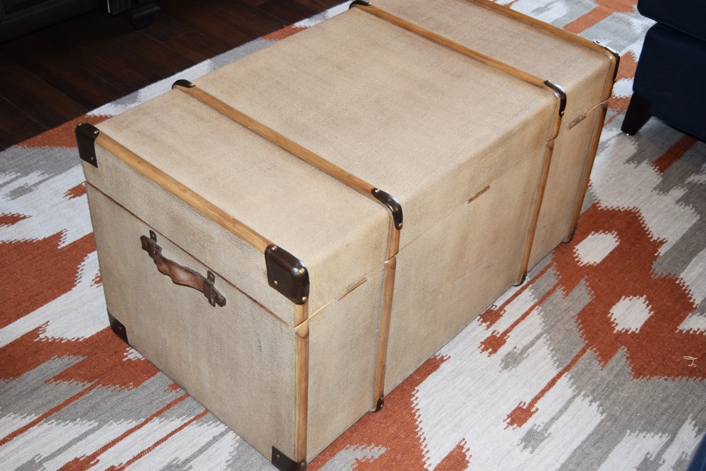 Burlap Covered Trunk with Wood Ribs and Hinged Lid