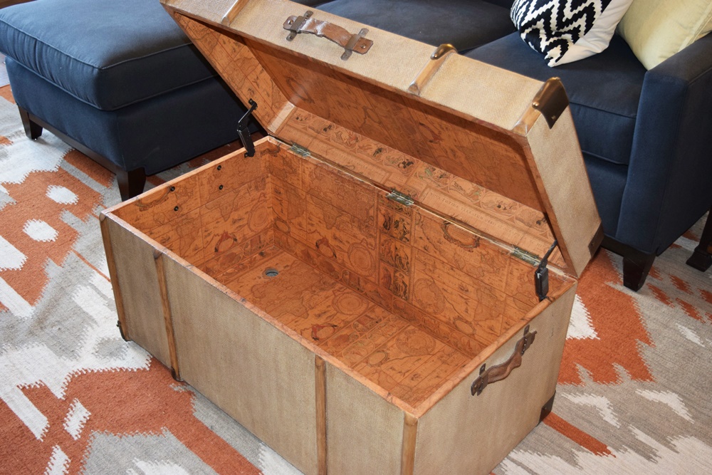 Burlap Covered Trunk with Wood Ribs and Hinged Lid