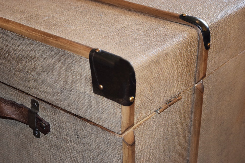 Burlap Covered Trunk with Wood Ribs and Hinged Lid