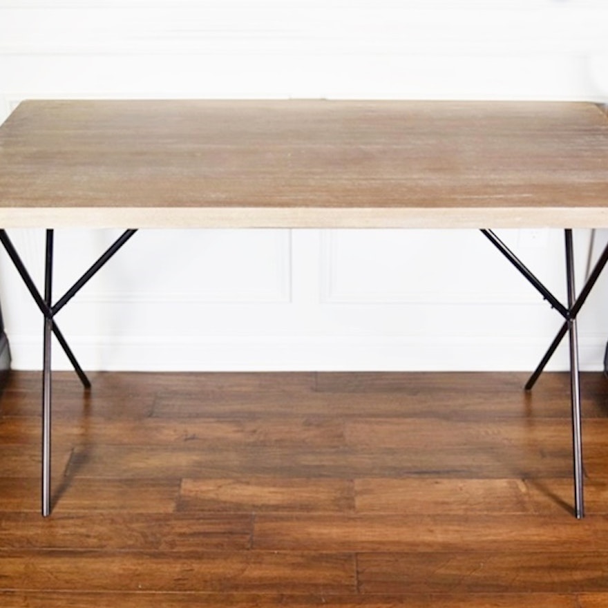 Desk or Vanity Table in White Wash Finish with "X" Metal Base