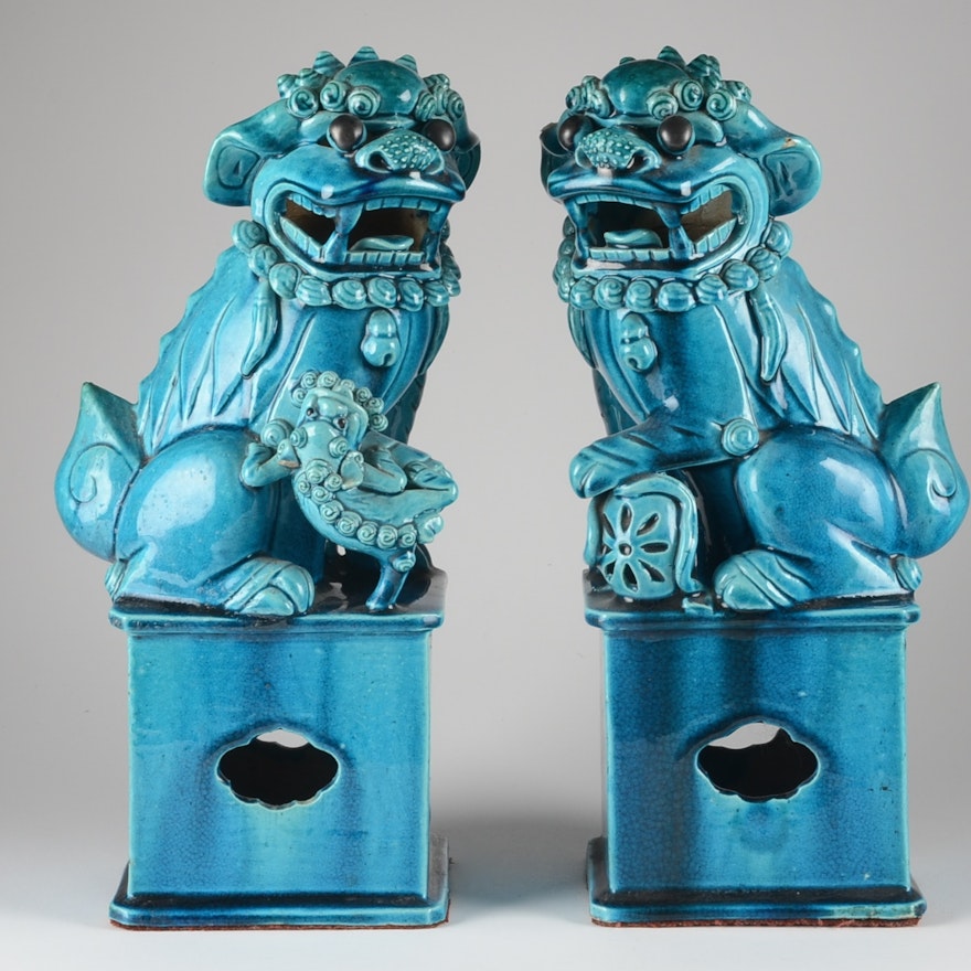Circa 1880, Chinese Style Turquoise Porcelain Foo Dogs