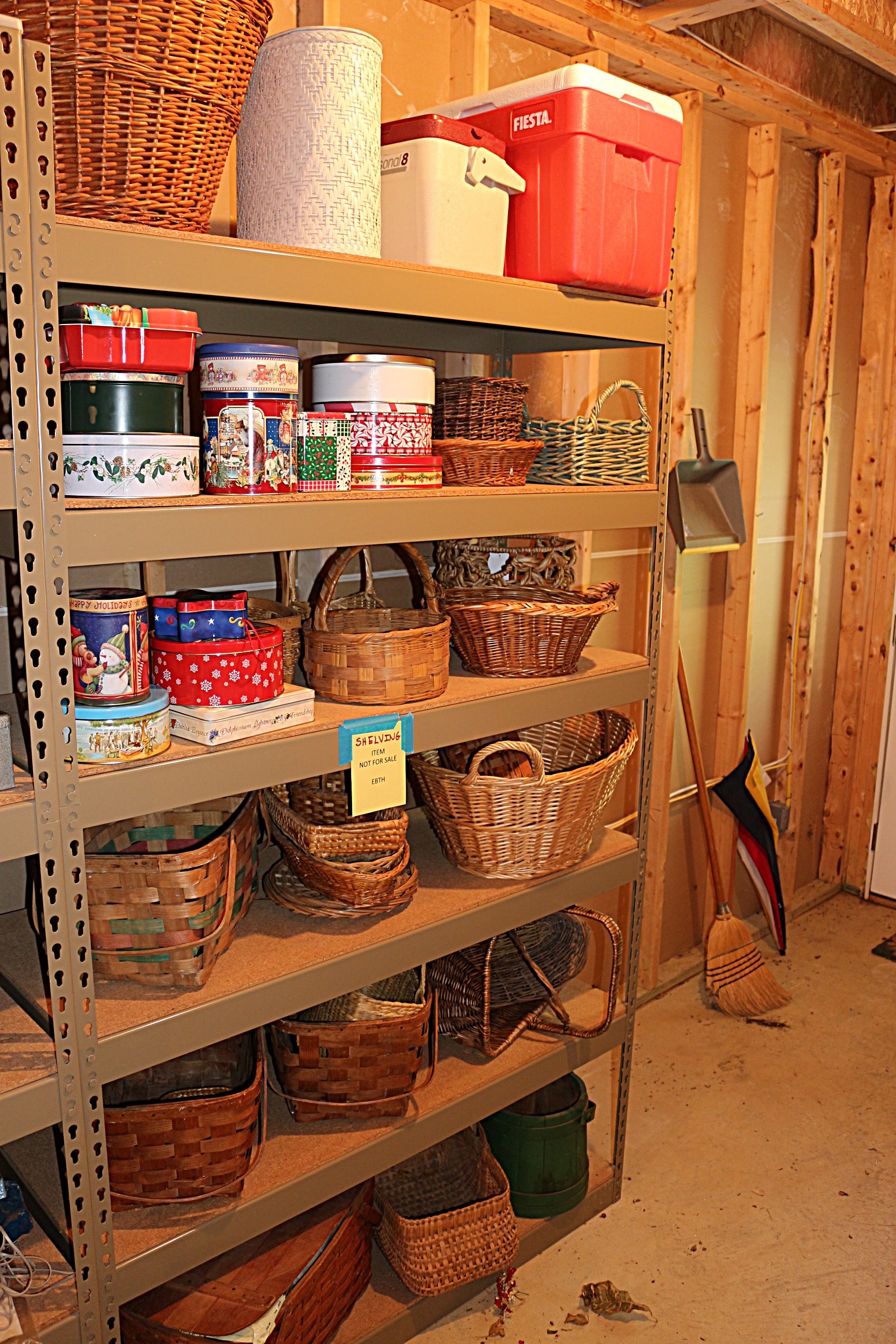 Six Shelves of Baskets and Cookie TIns Group