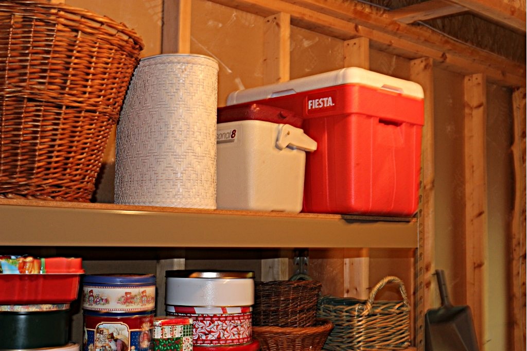 Six Shelves of Baskets and Cookie TIns Group