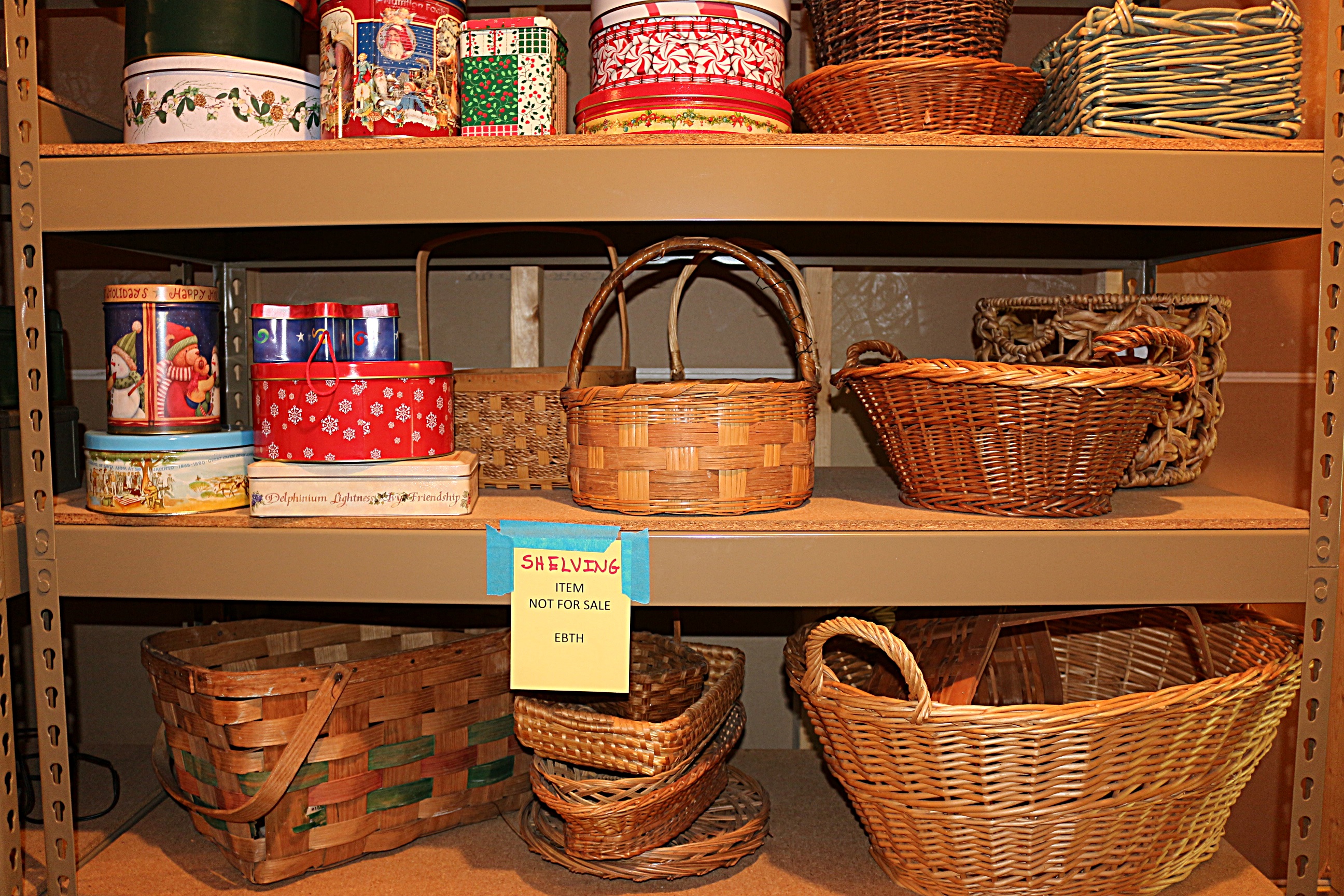 Six Shelves of Baskets and Cookie TIns Group