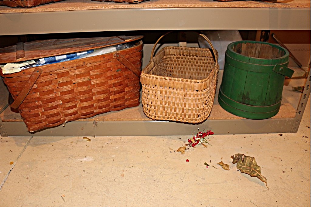 Six Shelves of Baskets and Cookie TIns Group
