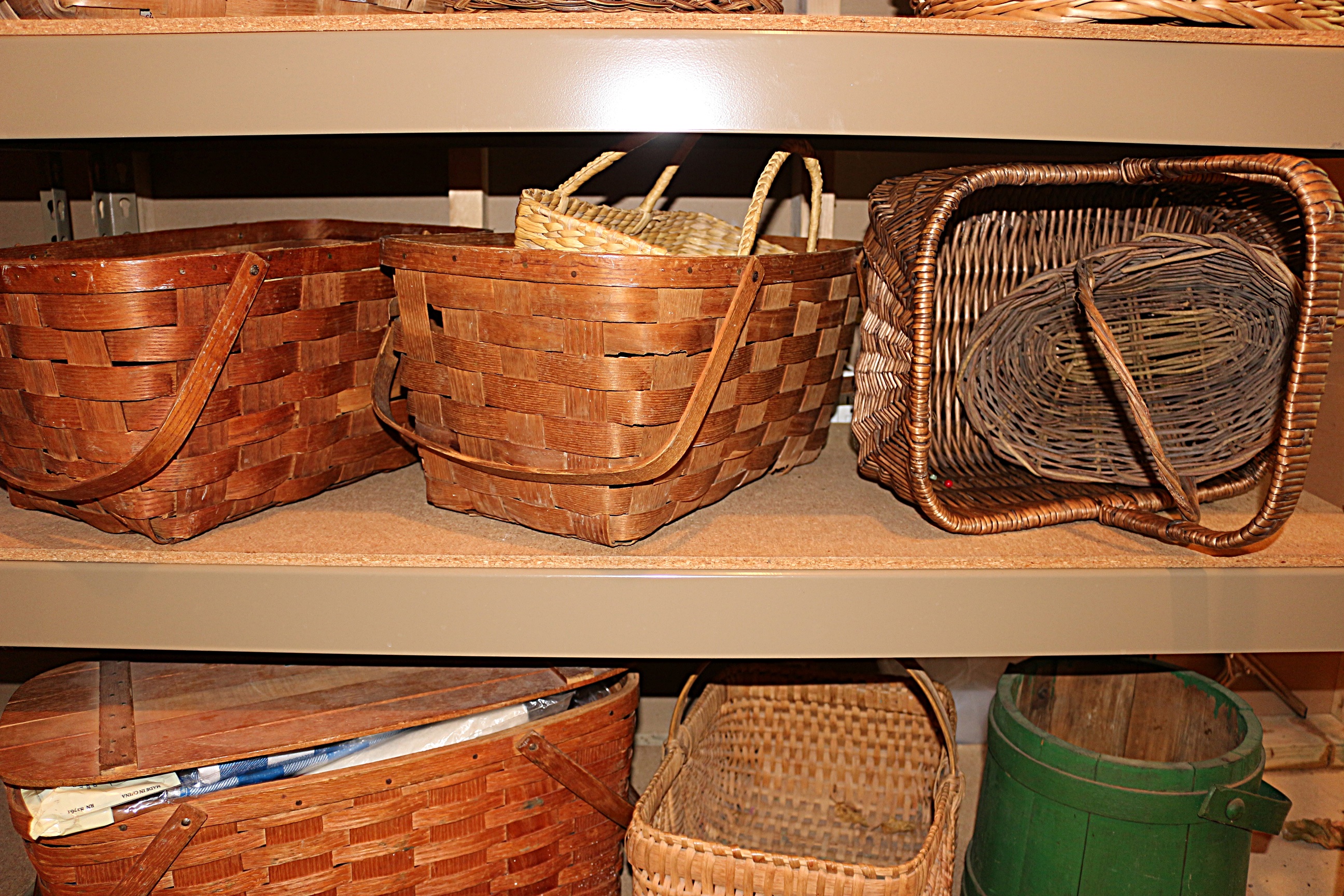 Six Shelves of Baskets and Cookie TIns Group