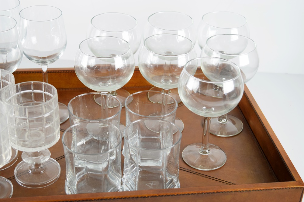 Assortment of Barware and Bar Tray