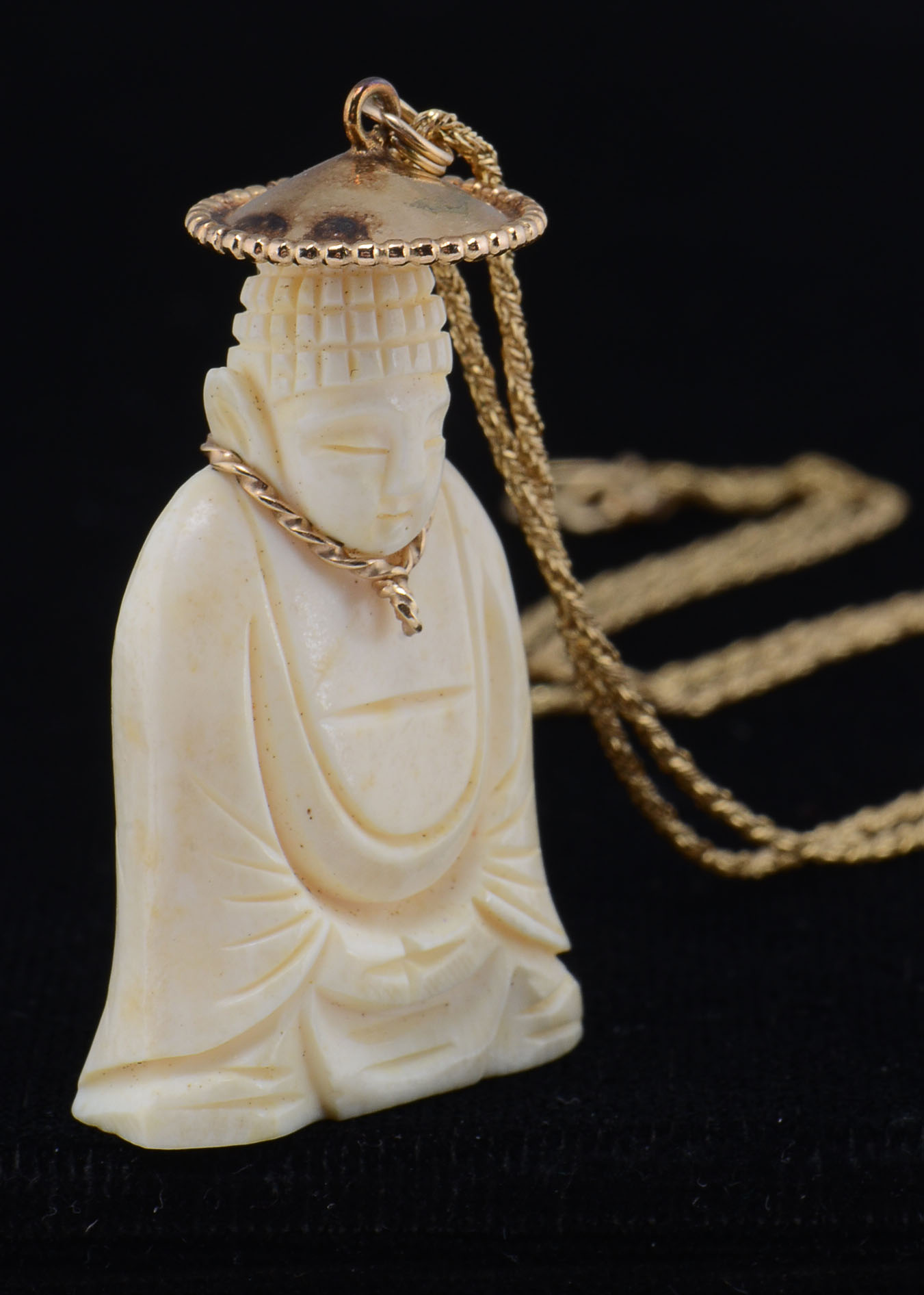 Vintage 14K Yellow Gold Necklace with Hand Carved Ivory Buddha