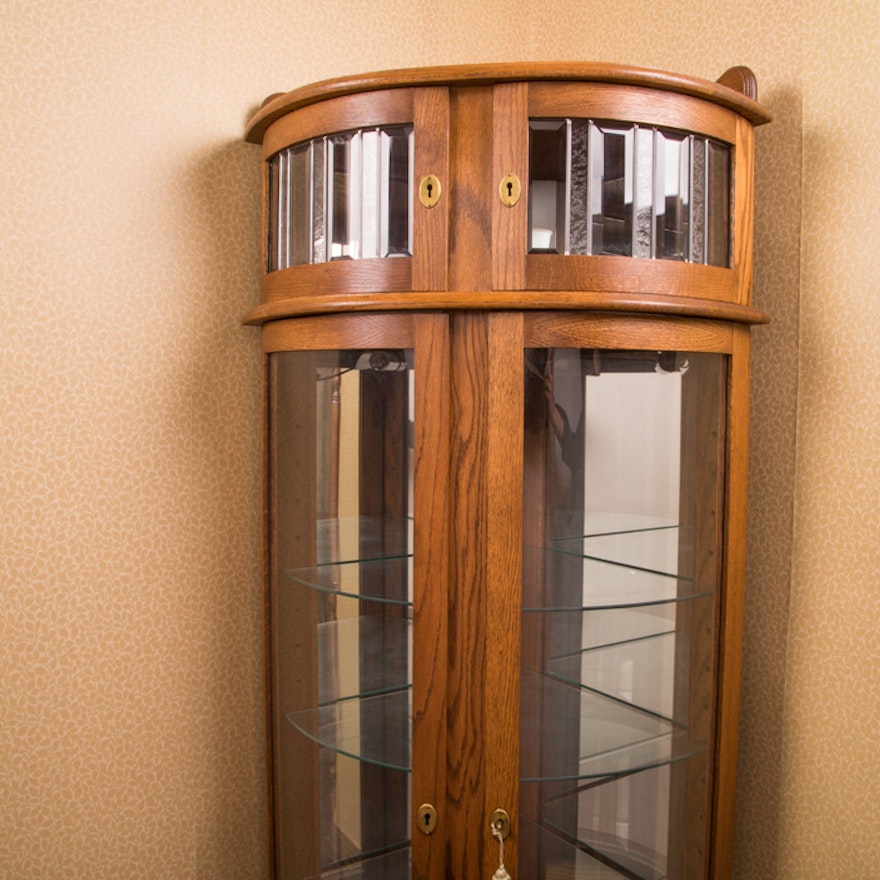 Red Oak Lighted Corner Curio Cabinet