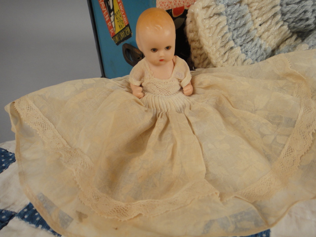 Vintage Metal Doll Trunk, Baby Dolls and Quilt