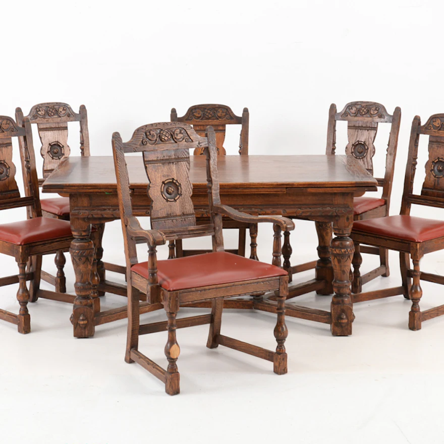 Vintage Tudor Style Oak Dining Table and Six Chairs EBTH