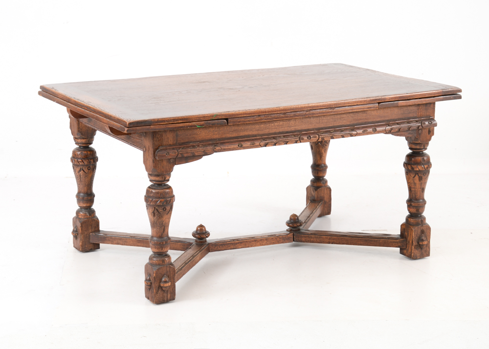 Vintage Tudor Style Oak Dining Table and Six Chairs