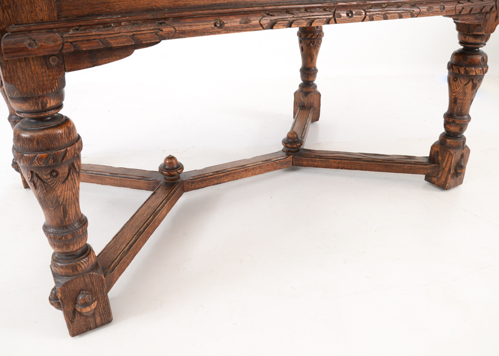 Vintage Tudor Style Oak Dining Table and Six Chairs