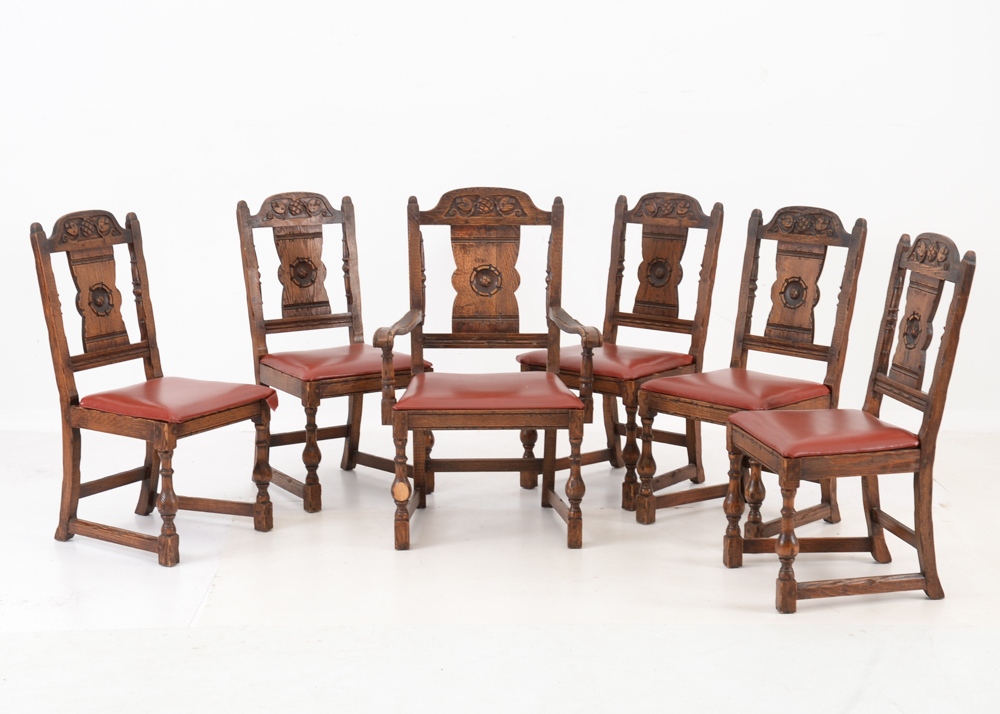 Vintage Tudor Style Oak Dining Table and Six Chairs