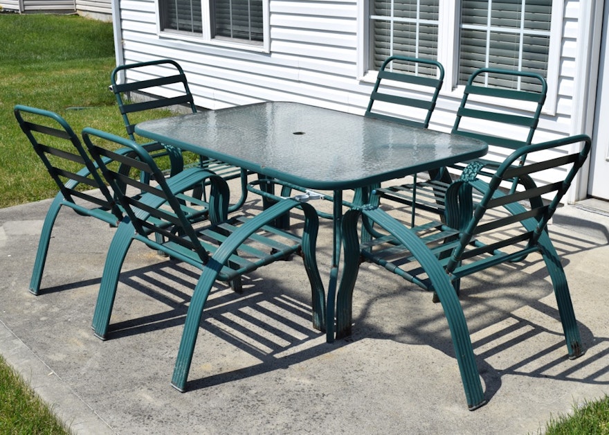 Green Metal and Glass Patio Table and Chairs