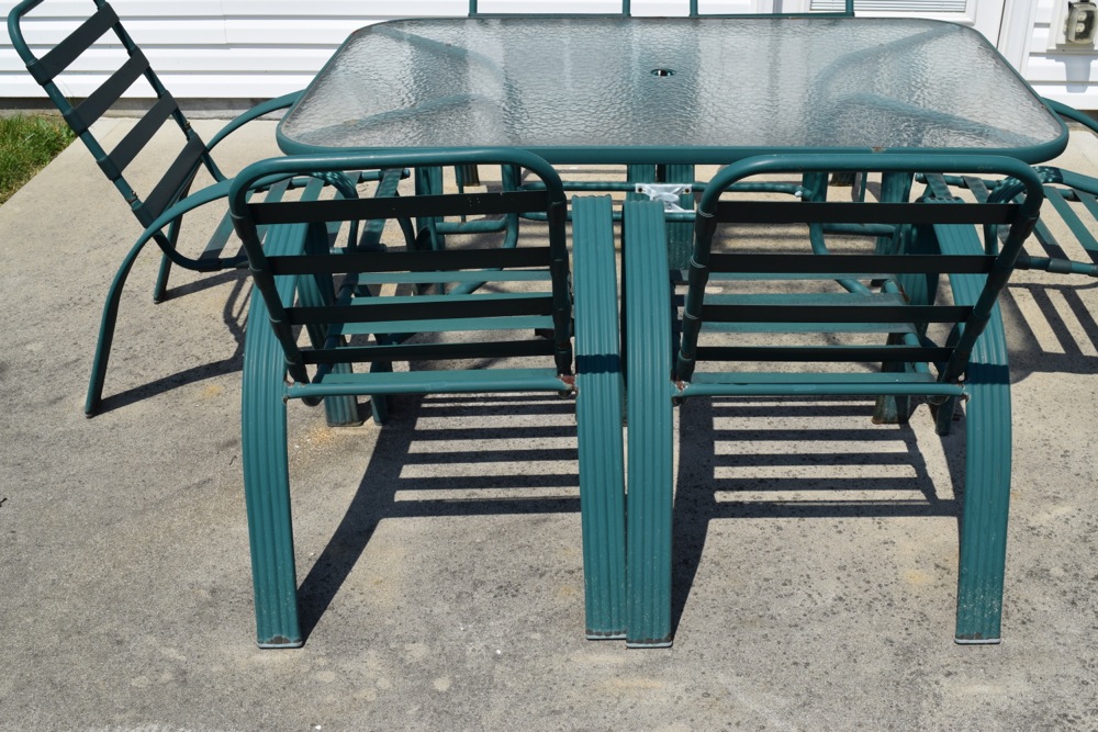Green Metal and Glass Patio Table and Chairs