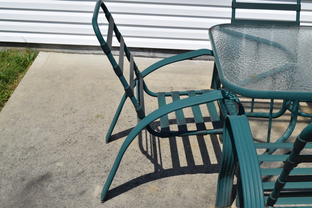 Green Metal and Glass Patio Table and Chairs