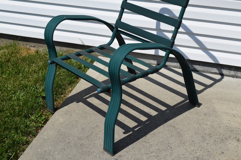 Green Metal and Glass Patio Table and Chairs