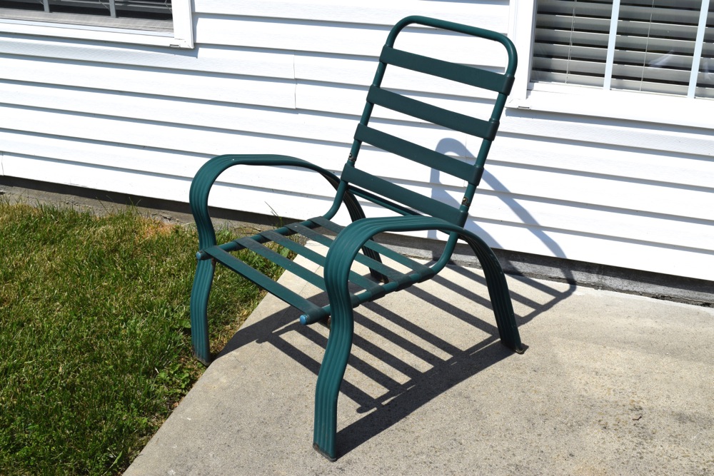 Green Metal and Glass Patio Table and Chairs
