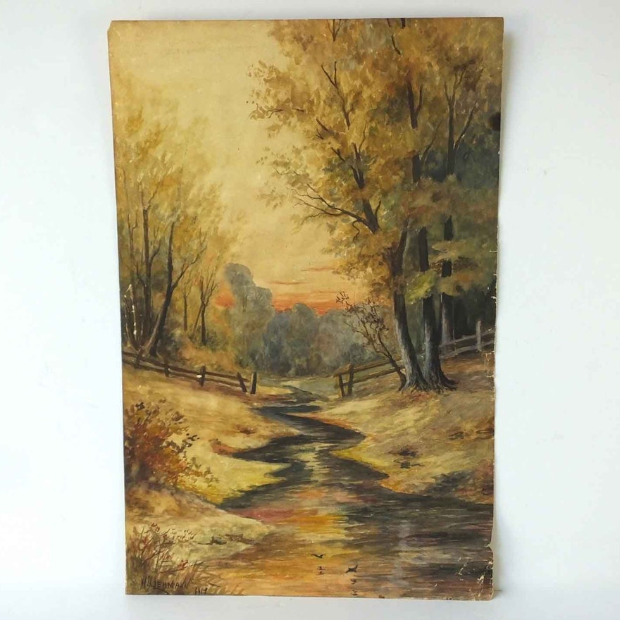 Early Original Watercolor Landscape on Paper