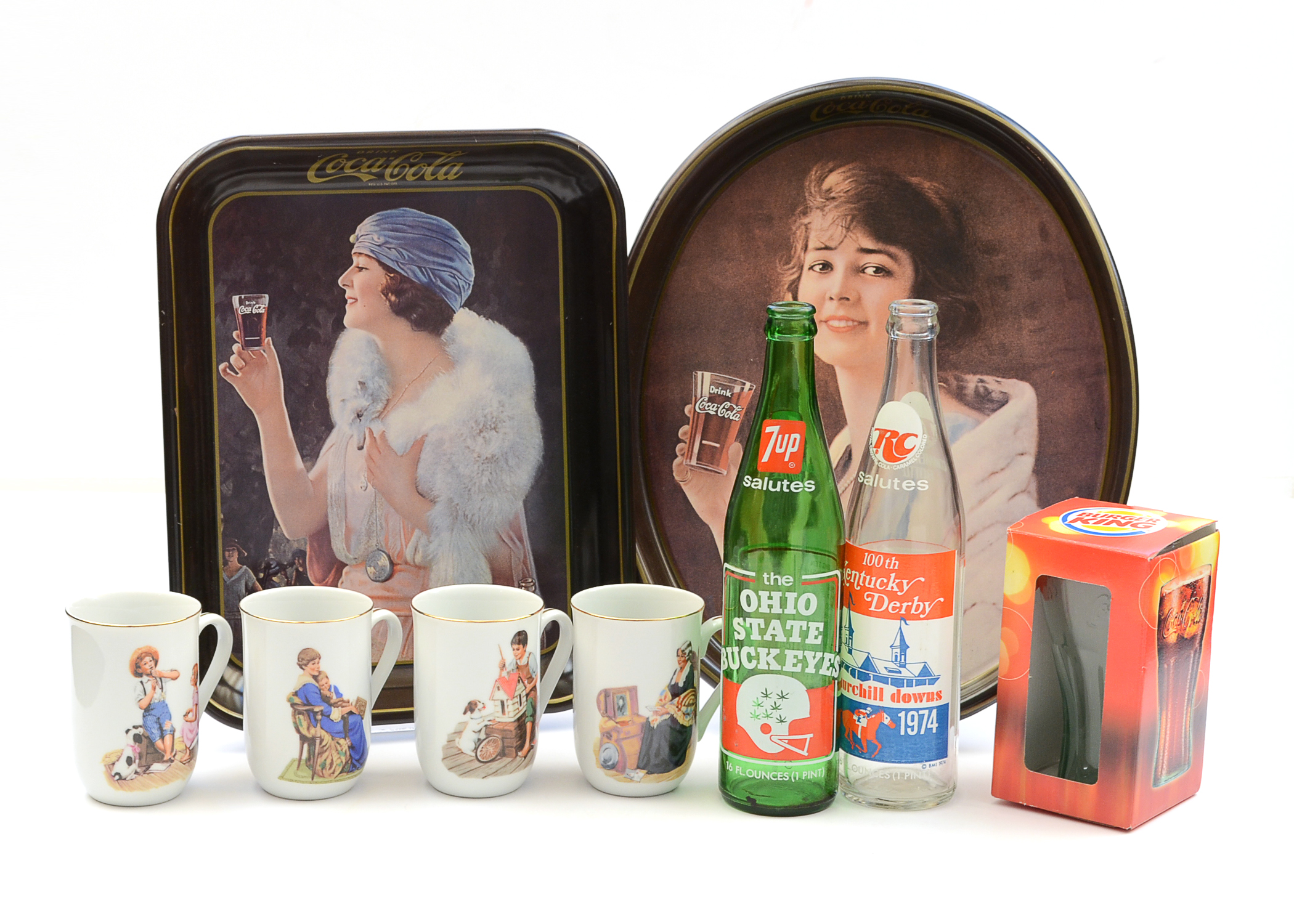 Vintage Coca Cola Trays, Soda Bottles and Norman Rockwell Mugs