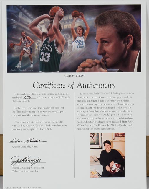 Larry Bird Signed Limited Print  COA