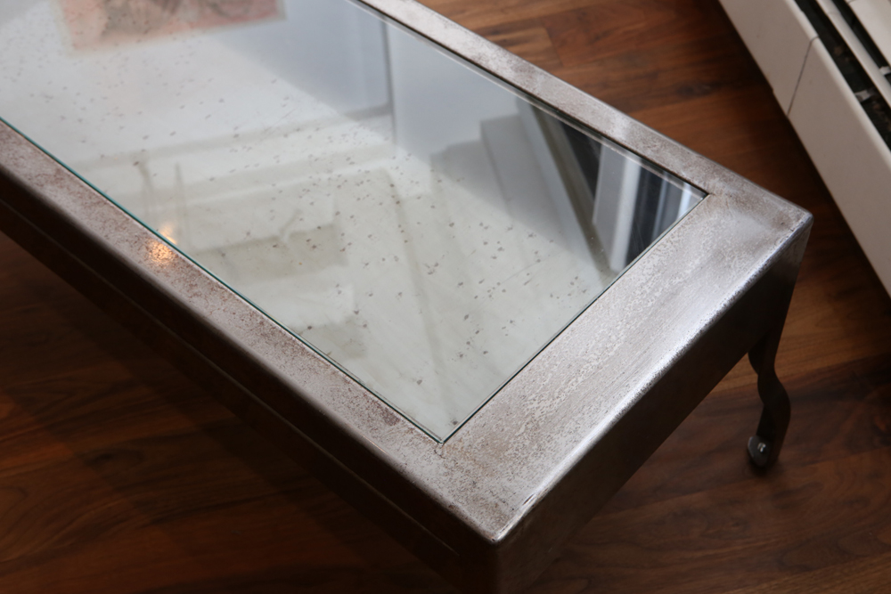 Steel Frame Industrial Style Coffee Table with Glass Top