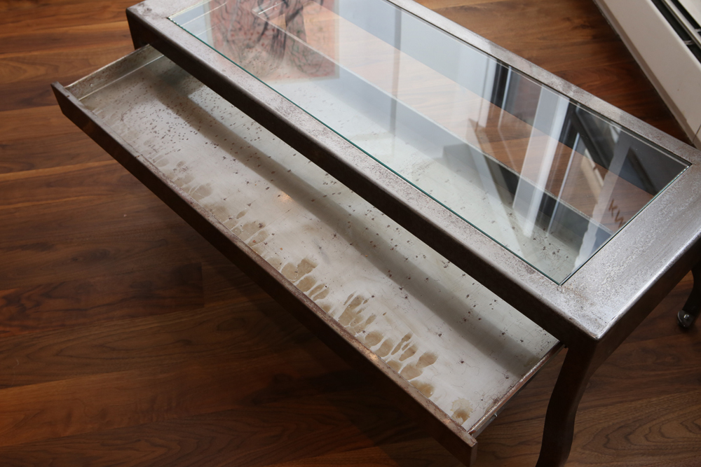 Steel Frame Industrial Style Coffee Table with Glass Top