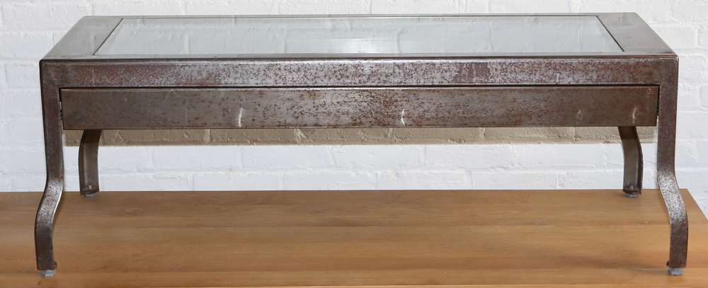 Steel Frame Industrial Style Coffee Table with Glass Top