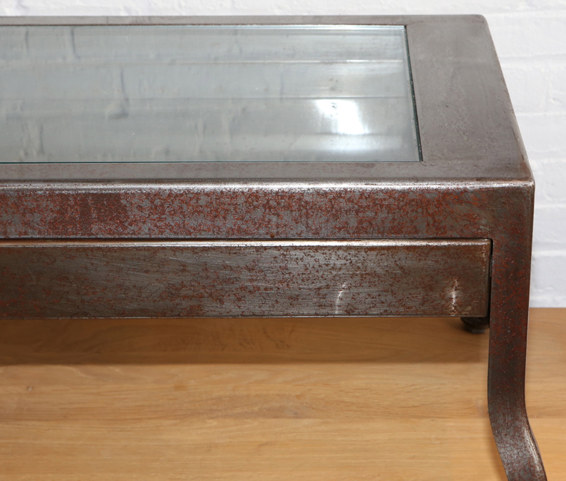 Steel Frame Industrial Style Coffee Table with Glass Top