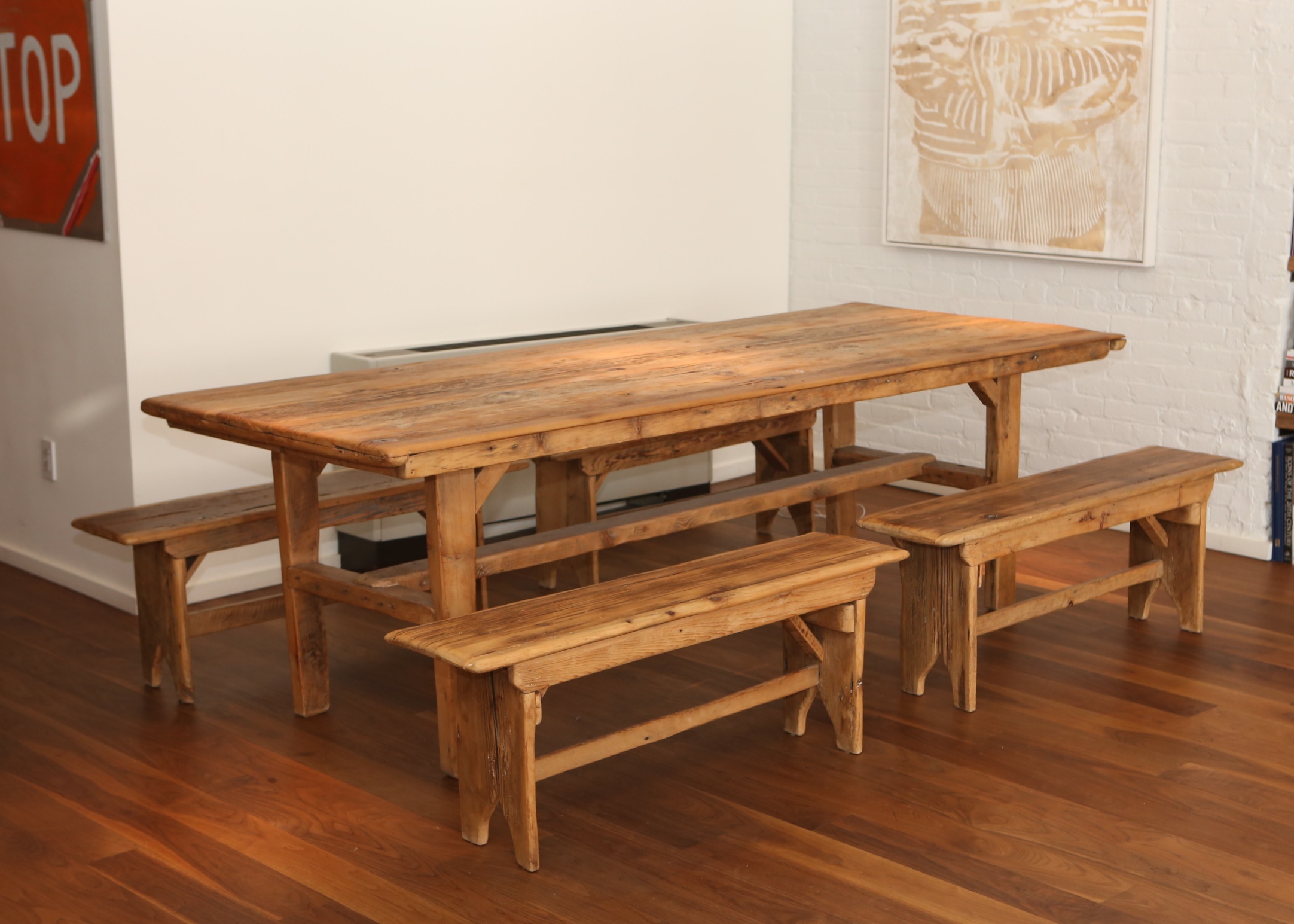 Robert Sherman Reclaimed Barnwood Dining Table and Four Benches